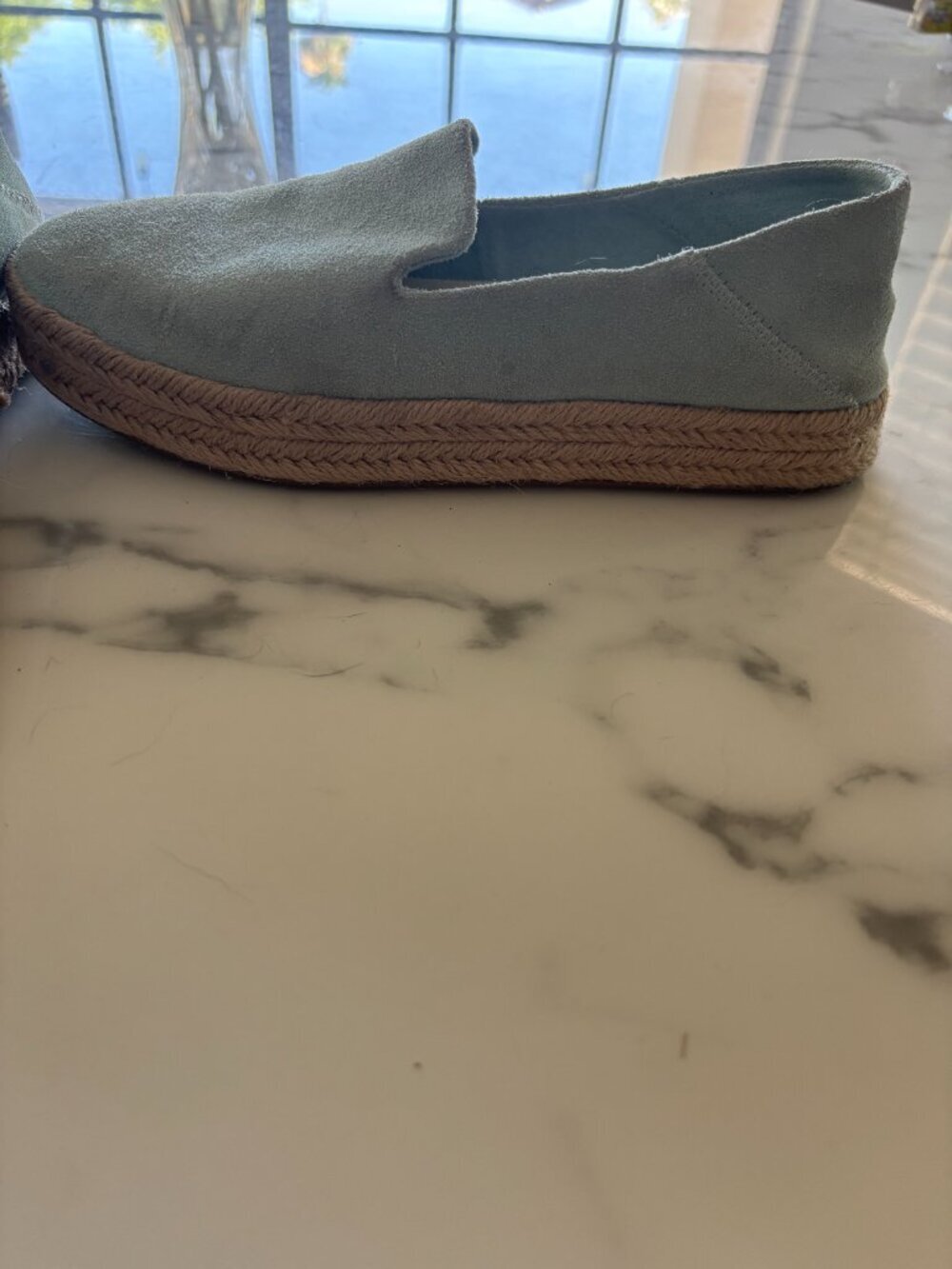 TOMS Suede Espadrille Platform Loafer Size 6 EU 36.5 Mint Sage Leather Upper - Picture 4 of 8